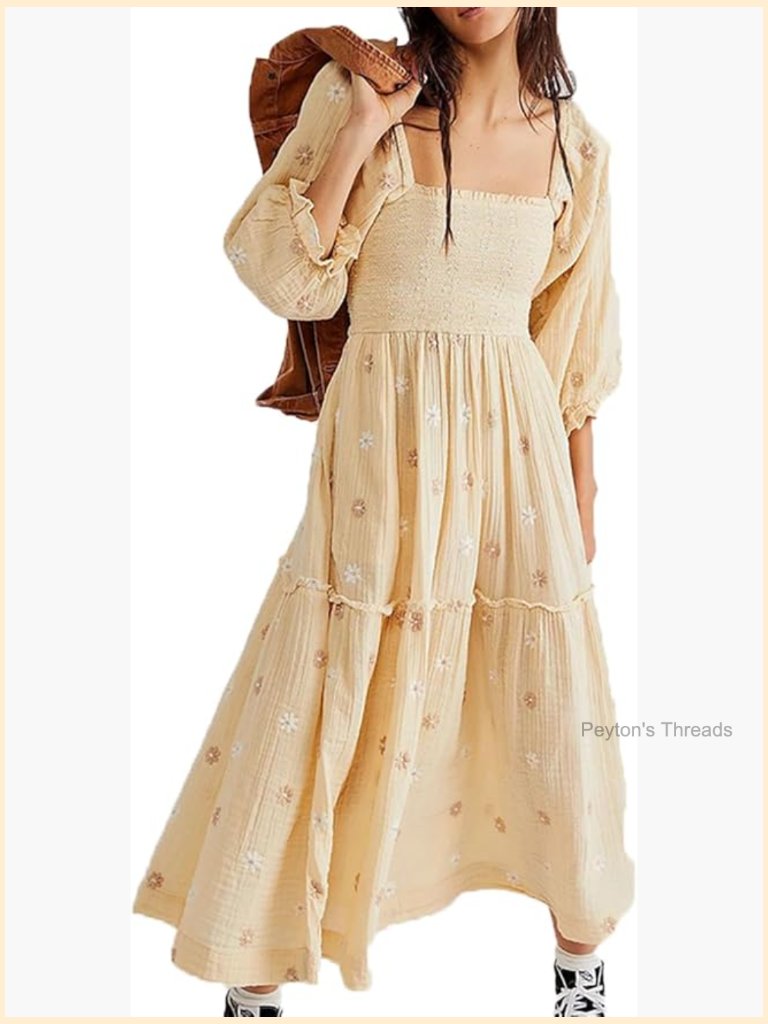 Square Neck Lantern Sleeve Floral Embroidered Maxi Dress High Waist Flowy